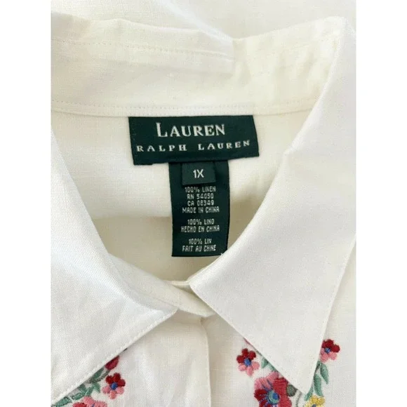 Lauren Ralph Lauren Plus Size 1X Floral Embroidered 100% Linen Button Blouse - Picture 4 of 5